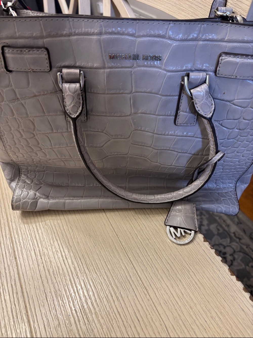 Michael Kors Croc-Embossed Satchel in Light Gray